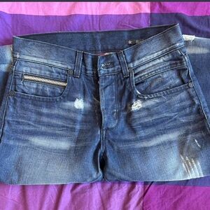 Distressed Blue Straight Leg Jeans with Zipper Detail